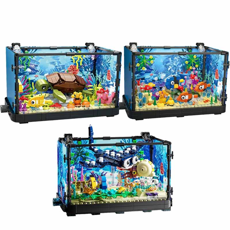 Aquarium Fish Guppy - ライト付き水槽ビルディングブロックセット、水槽、海洋カメ、14歳以上の子供向けビルディングブロックおもちゃ、ギフト、家の装飾