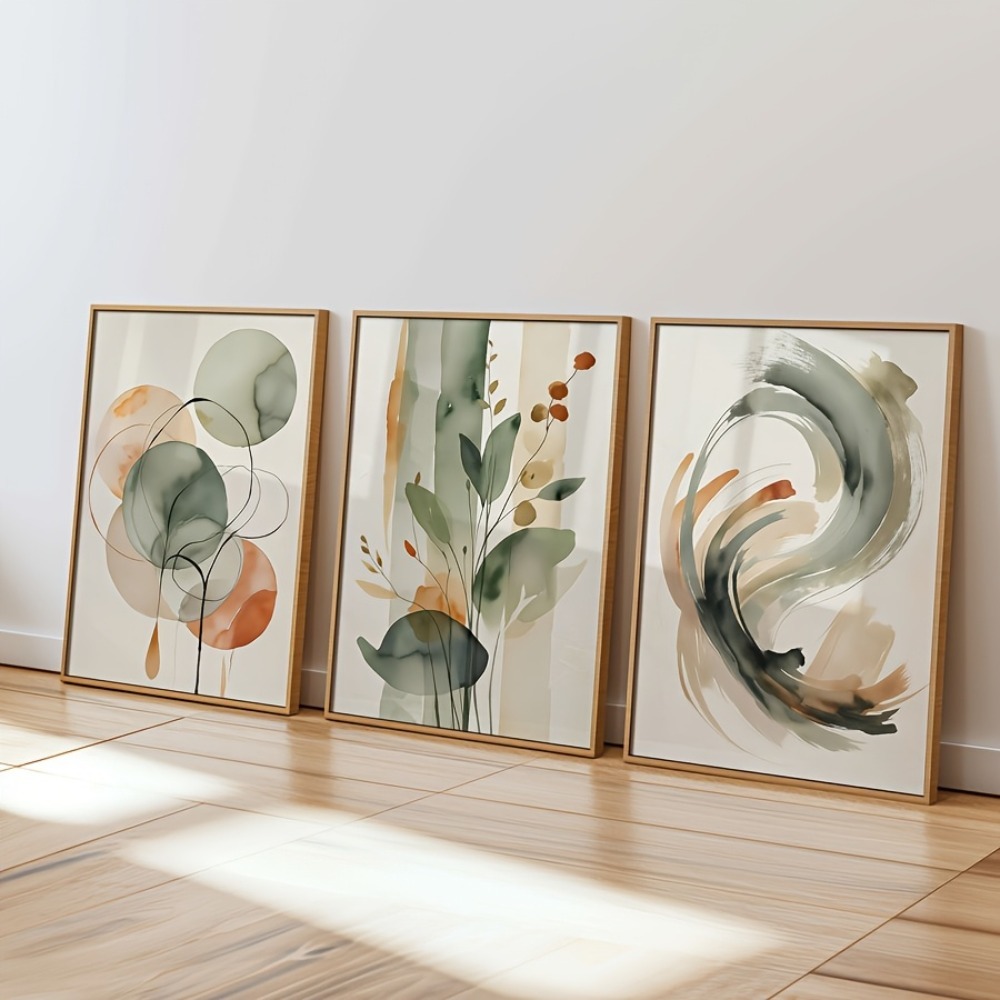 Live Plant Fertilizer - 3ピースフレームレス、ベージュとセージの抽象的な水彩画ウォールアート、植物と幾何学模様のプリント、リビングルームの装飾、モダンなミニマリストポスター